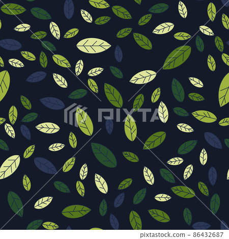 Seamless pattern from green leaves on a dark background. Strict flat design. Natural motive. Printing on fabric, wrapping paper. Vector 86432687
