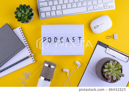 Podcast new episode concept with microphone Podcast new episode concept with microphone 86432825