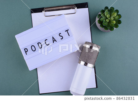 Podcast new episode concept with microphone Podcast new episode concept with microphone 86432831