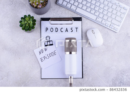 Podcast new episode concept with microphone Podcast new episode concept with microphone 86432836