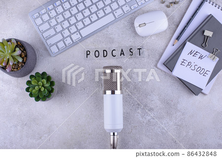 Podcast new episode concept with microphone Podcast new episode concept with microphone 86432848