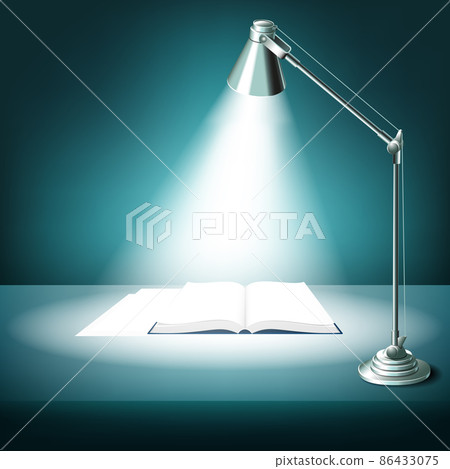 Opened book on table with desk lamp Opened book on table with desk lamp 86433075
