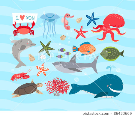 Vector cute sea animals. Dolphin and whale, octopus, turtle Vector cute sea animals. Dolphin and whale, octopus, turtle 86433669