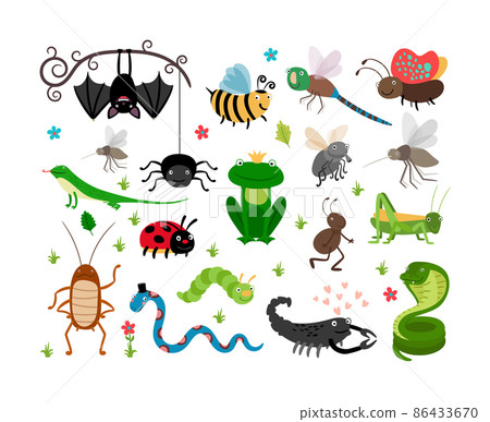 Cute vector insects, reptiles. Bee, grasshopper, lizard and snake Cute vector insects, reptiles. Bee, grasshopper, lizard and snake 86433670
