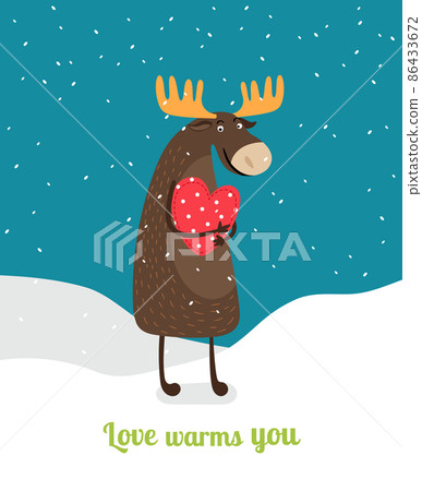 Love warms you. Cute moose hugging big red heart under falling snowflakes Love warms you. Cute moose hugging big red heart under falling snowflakes 86433672