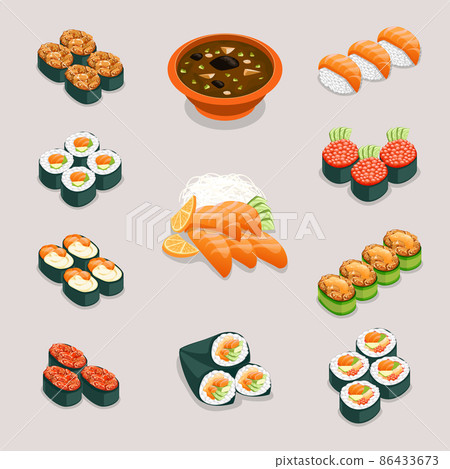 Asia food icons. Rolls sushi, miso soup and sashimi Asia food icons. Rolls sushi, miso soup and sashimi 86433673