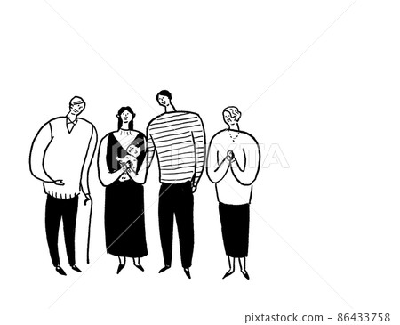 Female holding baby, male and old father, family, line drawing (horizontal, left arrangement) 86433758