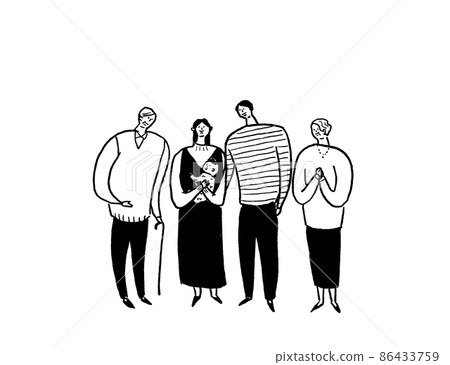Female holding baby, male and old father, family, line drawing (horizontal, centered) 86433759