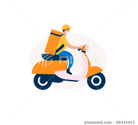 Food delivery man on an electric scooter. Courier with eat bag on moped. Graphic for delivery service. Vector illustration. 86435053