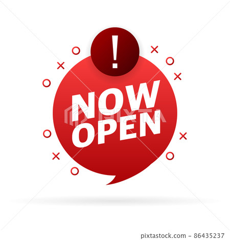 Vector now open red banner. Label with text in flat style. Vector illustration 86435237