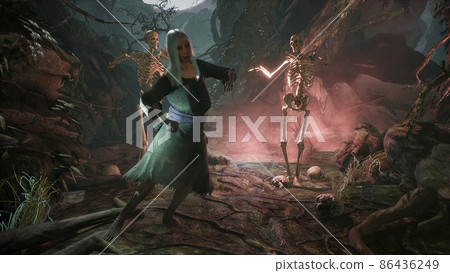 The old witch and her skeleton friends wish you an enjoyable and fun Halloween night. Halloween horror concept. 3D rendering. 86436249