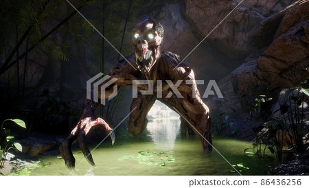 A horrible, toothy creature makes its way through a cave in the green jungle. A concept of a green jungle populated by monsters.The image is perfect for horror or apocalyptic backgrounds. 3D Rendering A horrible, toothy creature makes its way through a cave in the green jungle. A concept of a green jungle populated by monsters.The image is perfect for horror or apocalyptic backgrounds. 3D Rendering 86436256
