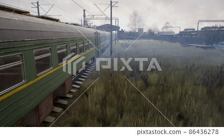 Post apocalyptic atmosphere with a lone survivor man and a train going nowhere. A man surviving a nuclear apocalypse. The image is ideal for sci-fi, military and apocalyptic backgrounds. 3D Rendering 86436278