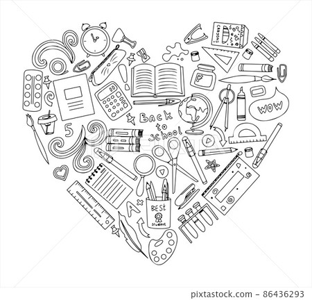 Back to school heart. Big vector doodle set. Stationery for school, university and office. Hand-drawn school supplies. A set of colored flat icons. Cartoon illustrations for elementary school. 86436293