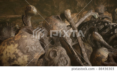 Old bones, skulls and skeletal remains lie in a dark old and scary cave. Ancient war and apocalypse concept. 3D Rendering. 86436303