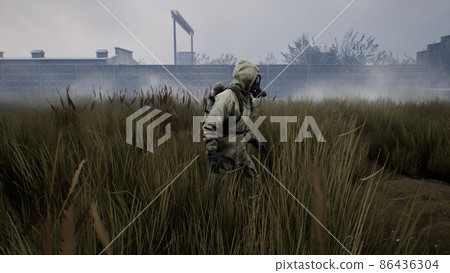 Post apocalyptic atmosphere with a lone survivor man and a train going nowhere. A man surviving a nuclear apocalypse. The image is ideal for sci-fi, military and apocalyptic backgrounds. 3D Rendering 86436304