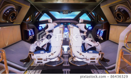 Astronauts fly their ship through a wormhole in deep space at tremendous speed. The concept of spaceflight through the wormhole. 3D Rendering 86436329