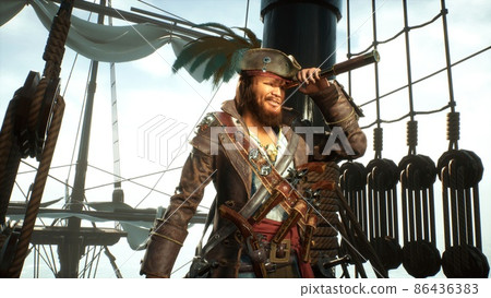 A formidable pirate on a ship looks through his spyglass. The man was created using 3D computer graphics. 3D rendering. 86436383