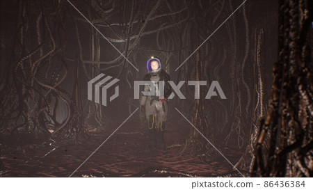 An astronaut walks through a creepy alien cave inhabited by nightmarish creatures. The concept of colonizing distant unexplored planets.The image is perfect for space, sci-fi backgrounds. 3D Rendering 86436384
