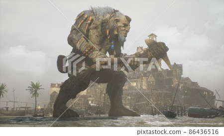 An enraged troll strikes his enemy with his battle club. Fantasy Medieval Concept. A giant troll on a wild island. 3D Rendering. 86436516