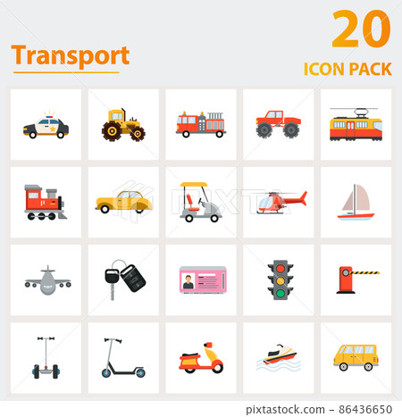 Transport icon set. Collection of simple elements such as the police car, tractor, fire truck, golf car, helicopter, airplane, bigfoot. Transport icon set. Collection of simple elements such as the police car, tractor, fire truck, golf car, helicopter, airplane, bigfoot. 86436650