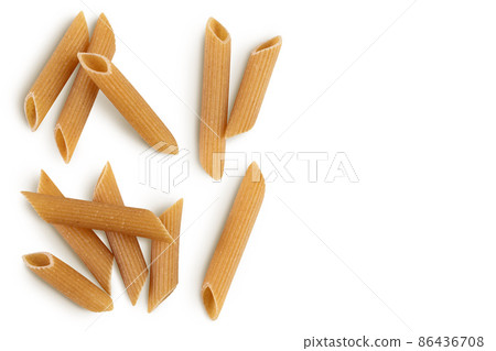 Wolegrain penne pasta from durum wheat isolated on white background with clipping path. Top view with copy space for your text. Flat lay, 86436708