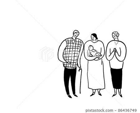 抱著嬰兒的女性和老父親,家庭,線條畫(水平,正確排列) 抱著嬰兒的女性和老父親,家庭,線條畫(水平,正確排列) 86436749