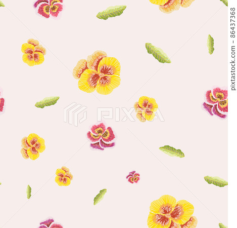 Hand drawn viola flowers in embroidery style seamless pattern. Hand drawn viola flowers in embroidery style seamless pattern. 86437368
