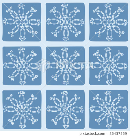 Hand drawn blue tone square pattern. Floral checkered background. 86437369