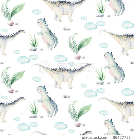 Cute cartoon baby dinosaurs seamless pattern watercolor paper, hand painted dino background texture Jurassic Park . Rex children funny art 86437751