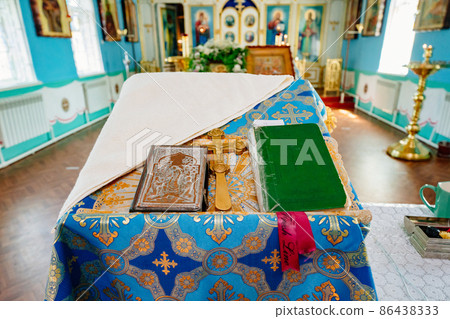 light blue decoration of the Orthodox church with pulpit light blue decoration of the Orthodox church with pulpit 86438333