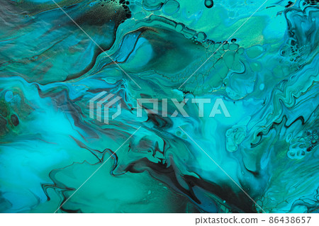 Fluid Art. Green and blue abstract wave swirls on black background. Marble effect background or texture 86438657