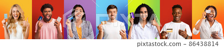 Excited diverse people using cellphones showing credit cards Excited diverse people using cellphones showing credit cards 86438814