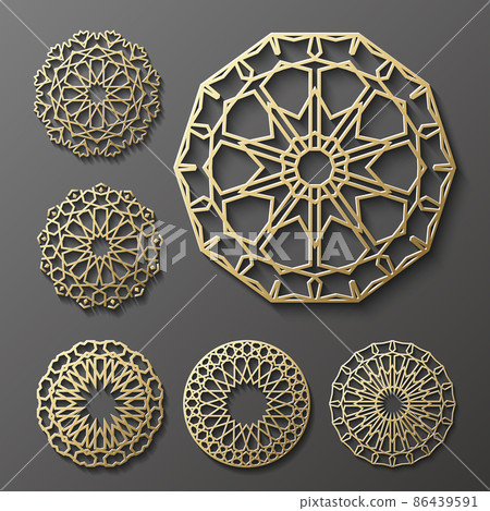 Islamic ornament vector , persian motiff . 3d ramadan round pattern elements . Geometric logo template set. Circular ornamental arabic symbols . Islamic ornament vector , persian motiff . 3d ramadan round pattern elements . Geometric logo template set. Circular ornamental arabic symbols . 86439591