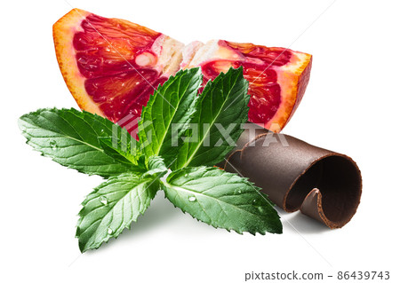 Mint and blood orange slice with chocolate curl, paths Mint and blood orange slice with chocolate curl, paths 86439743