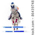 Jockey on horse. White Horse. Champion. Horse riding. Equestrian sport. Jockey riding jumping horse. Poster. Sport. White background. Isolated watercolor Illustration 86439748