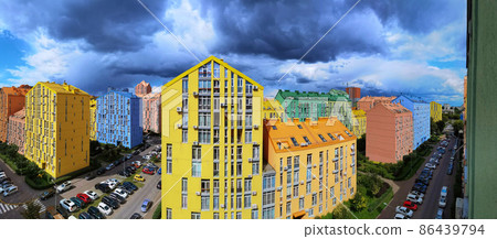 Street with colorful houses and beautiful exterior design in Kyiv, Ukraine. Aerial. Comfort town. Street with colorful houses and beautiful exterior design in Kyiv, Ukraine. Aerial. Comfort town. 86439794