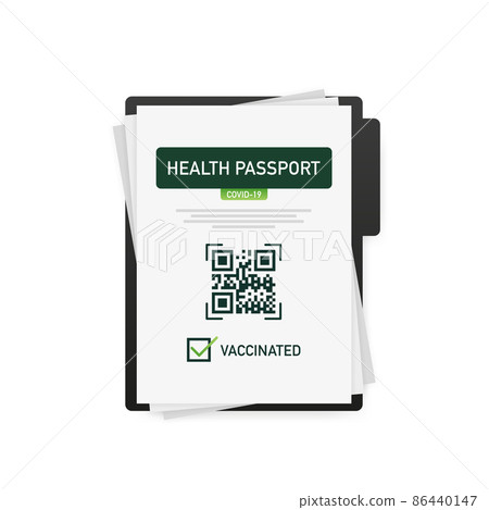 Health passport qr code in linear style on green background. Coronavirus vaccination. Vaccine certificate card Health passport qr code in linear style on green background. Coronavirus vaccination. Vaccine certificate card 86440147