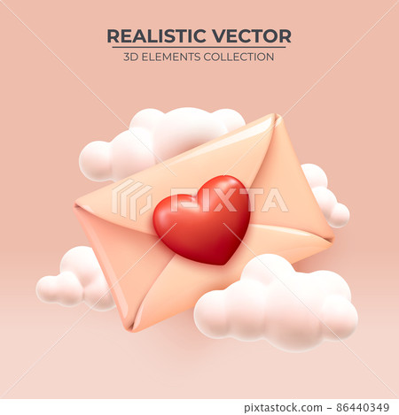 Nude color paper envelope with red heart and clouds. Nude color paper envelope with red heart and clouds. 86440349
