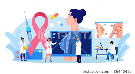 Breast cancer. Tiny doctors mammologist examine woman patient to treat cancer. Breast ultrasound and mammography, diagnostic of oncology. Examination in the clinic, medical diagnosis Breast cancer. Tiny doctors mammologist examine woman patient to treat cancer. Breast ultrasound and mammography, diagnostic of oncology. Examination in the clinic, medical diagnosis 86440432