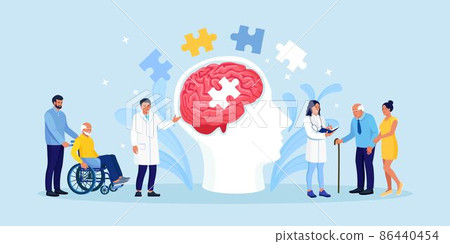 Doctor helping elder patients with Alzheimer disease. Senior care and assistance concept. Shattering human brain, memory loss and mental problems. Neurology therapy 86440454