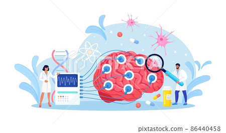 Doctor neurologist, neuroscientist, physician study brain connected to display with EEG indication. Neurology, neuroscience, electroencephalography concept. 86440458