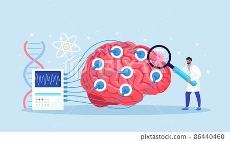 Doctor neurologist, neuroscientist, physician study brain connected to display with EEG indication. Neurology, neuroscience, electroencephalography concept Doctor neurologist, neuroscientist, physician study brain connected to display with EEG indication. Neurology, neuroscience, electroencephalography concept 86440460