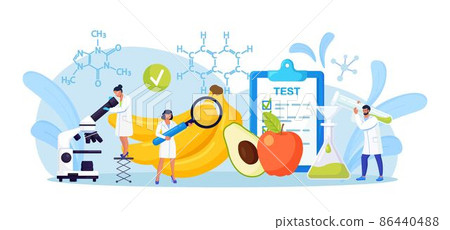 Biological scientists research of food. Tiny chemists testing product to learn about safety, chemical structure. Biologists growing plants in lab, cultivating genetically modified vegetables, fruits 86440488
