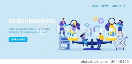 Benchmarking as business compare tool for improvement, progress. People with laptop sits on scale and balances with charts, graphs. Comparison of quality and cost, performance to competitor companies 86440503