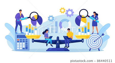 Benchmarking as business compare tool for improvement, progress. People with laptop sits on scale and balances with charts, graphs. Comparison of quality and cost, performance to competitor companies 86440511