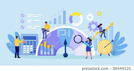 Benchmarking. Compare quality with competitor companies. Performance, quality, cost comparison. Development strategy. People standing near indicator improves company productivity and increases profits 86440520