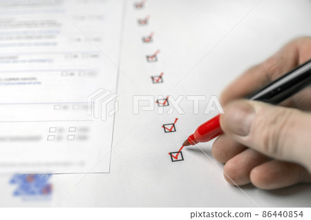 Pencil and checklist of questions. Checklist with checkboxes on a white background Pencil and checklist of questions. Checklist with checkboxes on a white background 86440854