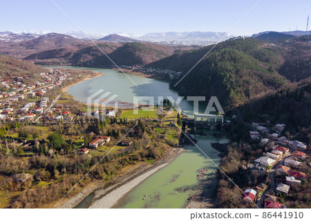 Aerial view Kutaisi botanical garden, water dam 86441910