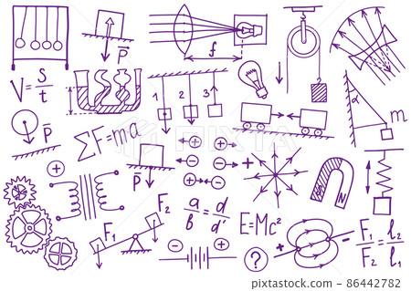 Phisics symbols icon set. Science subject doodle design. Education and study concept. Back to school sketchy background for notebook, not pad, sketchbook. Phisics symbols icon set. Science subject doodle design. Education and study concept. Back to school sketchy background for notebook, not pad, sketchbook. 86442782